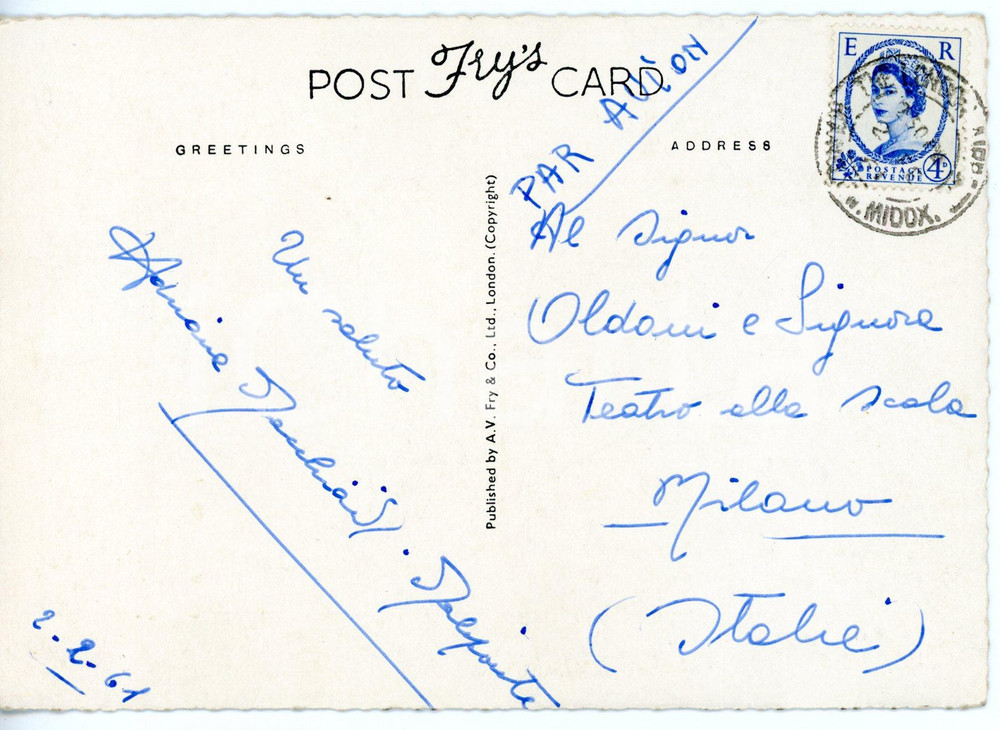 1961 LONDON - LIRICA Soprano Adriana MACCHIAIOLI MALIPONTE *Cartolina AUTOGRAFA