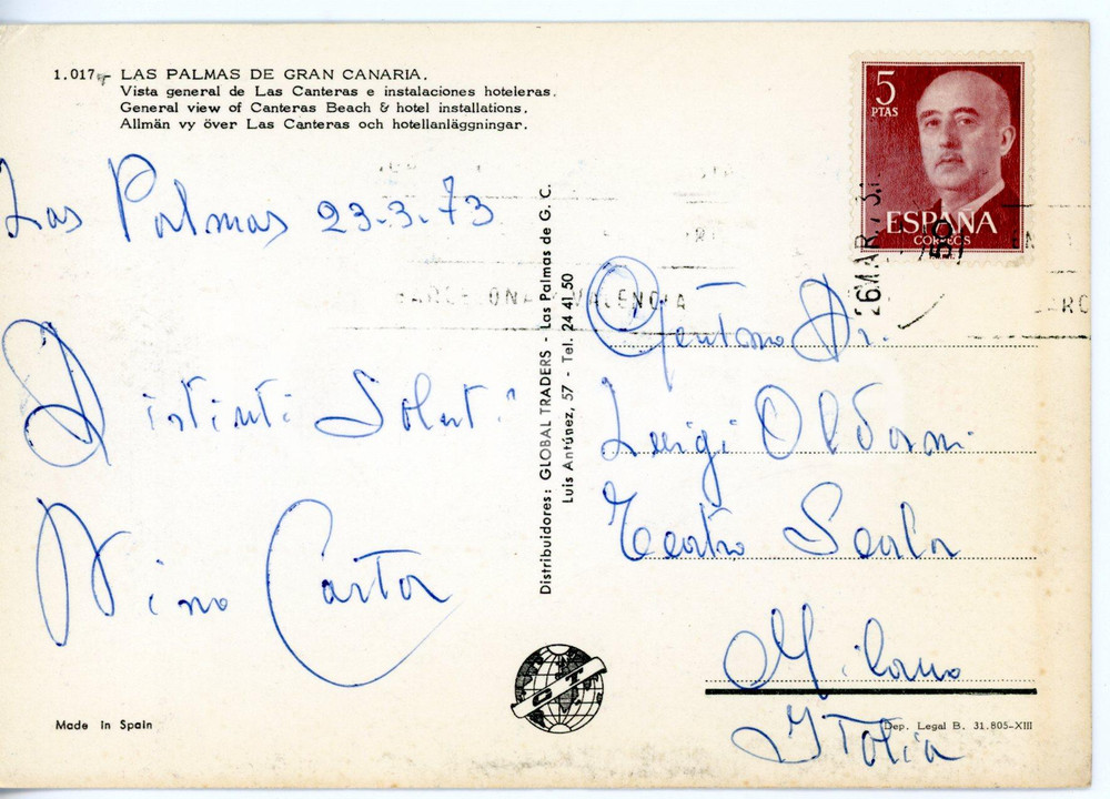 1973 LAS PALMAS DE GRAN CANARIA Baritono Nino CARTA *Cartolina con AUTOGRAFO FG