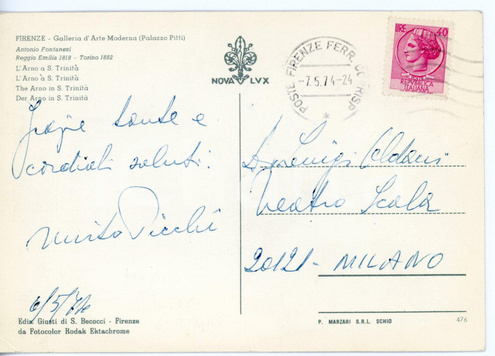 1974 FIRENZE - LIRICA Tenore Mirto PICCHI *Cartolina con AUTOGRAFO FG VG