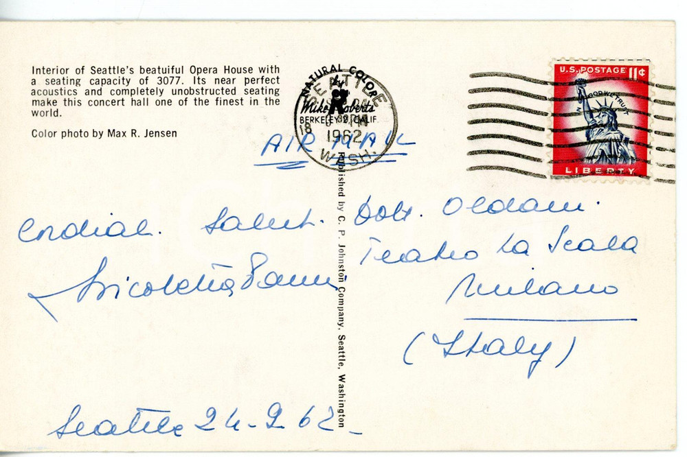 1962 SEATTLE - LIRICA Soprano Nicoletta PANNI - Cartolina con AUTOGRAFO FP VG