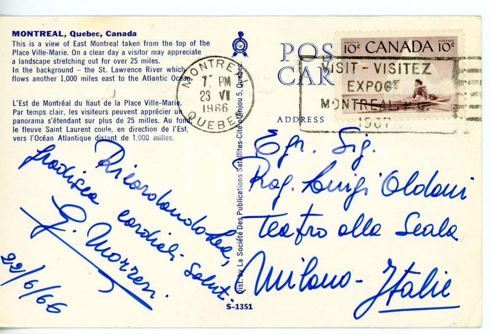 1966 MONTREAL - LIRICA Basso Giuseppe MORRESI - Cartolina con AUTOGRAFO