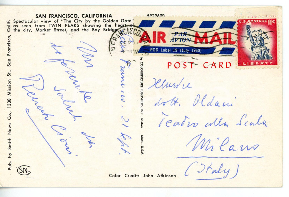 1960 SAN FRANCISCO LIRICA Tenore Renato CIONI - Cartolina con AUTOGRAFO - FP VG
