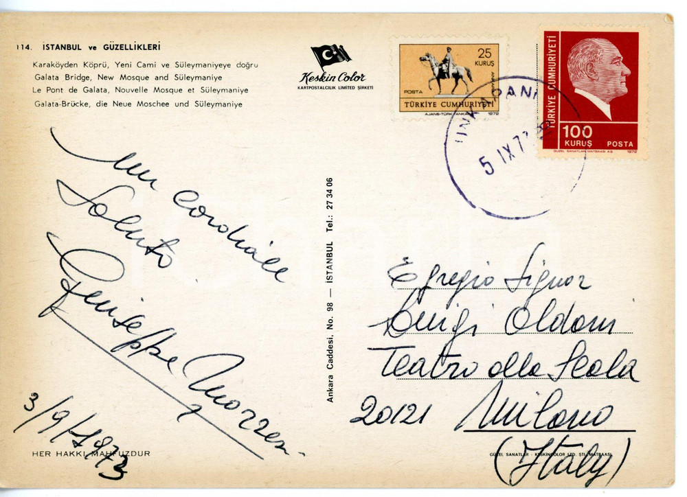 1973 ISTANBUL LIRICA Basso Giuseppe MORRESI *Cartolina con AUTOGRAFO - FG VG