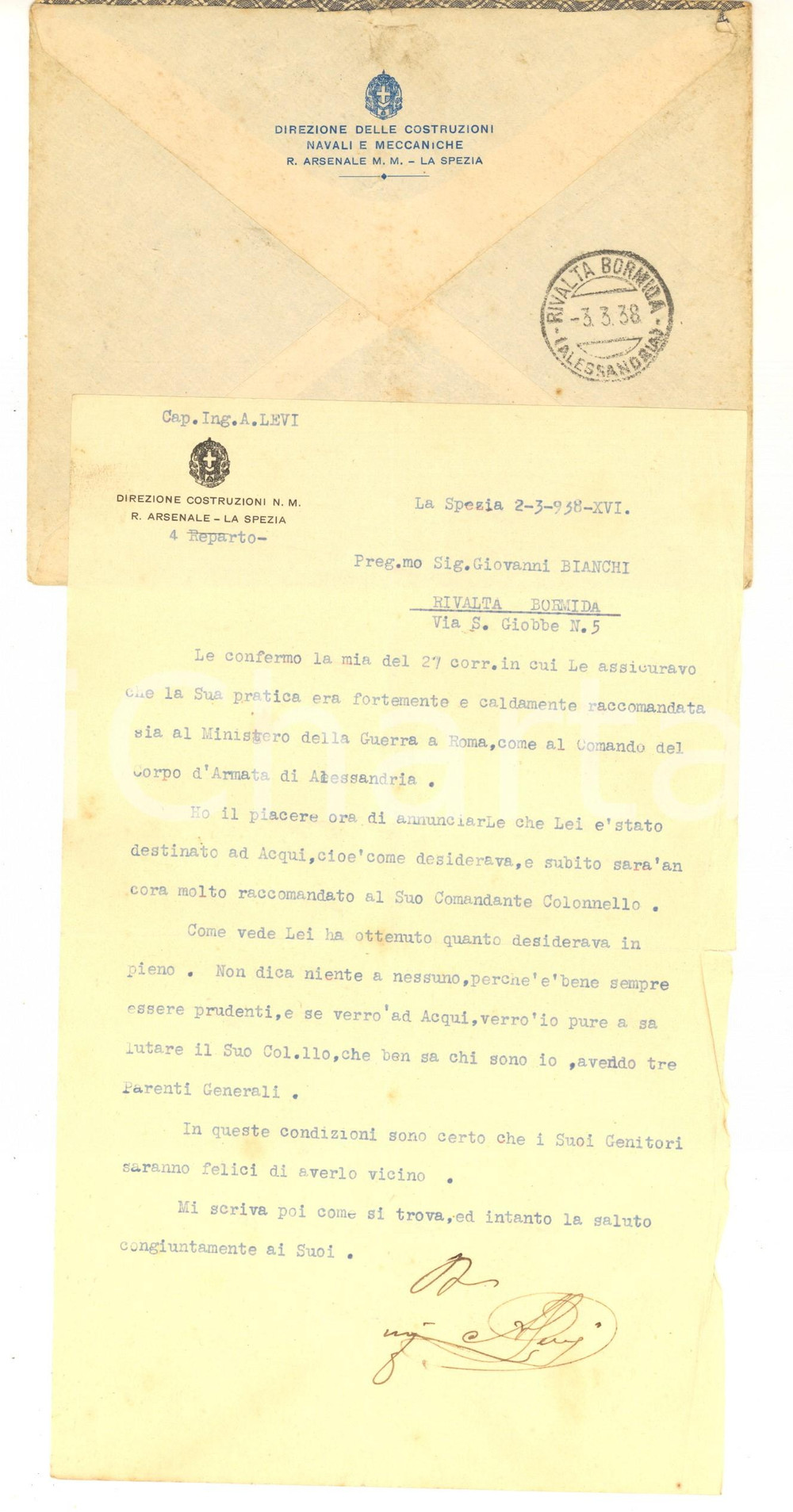 1938 LA SPEZIA Regio Arsenale - Cap. ing. A. LEVI per trasferimento - AUTOGRAFO