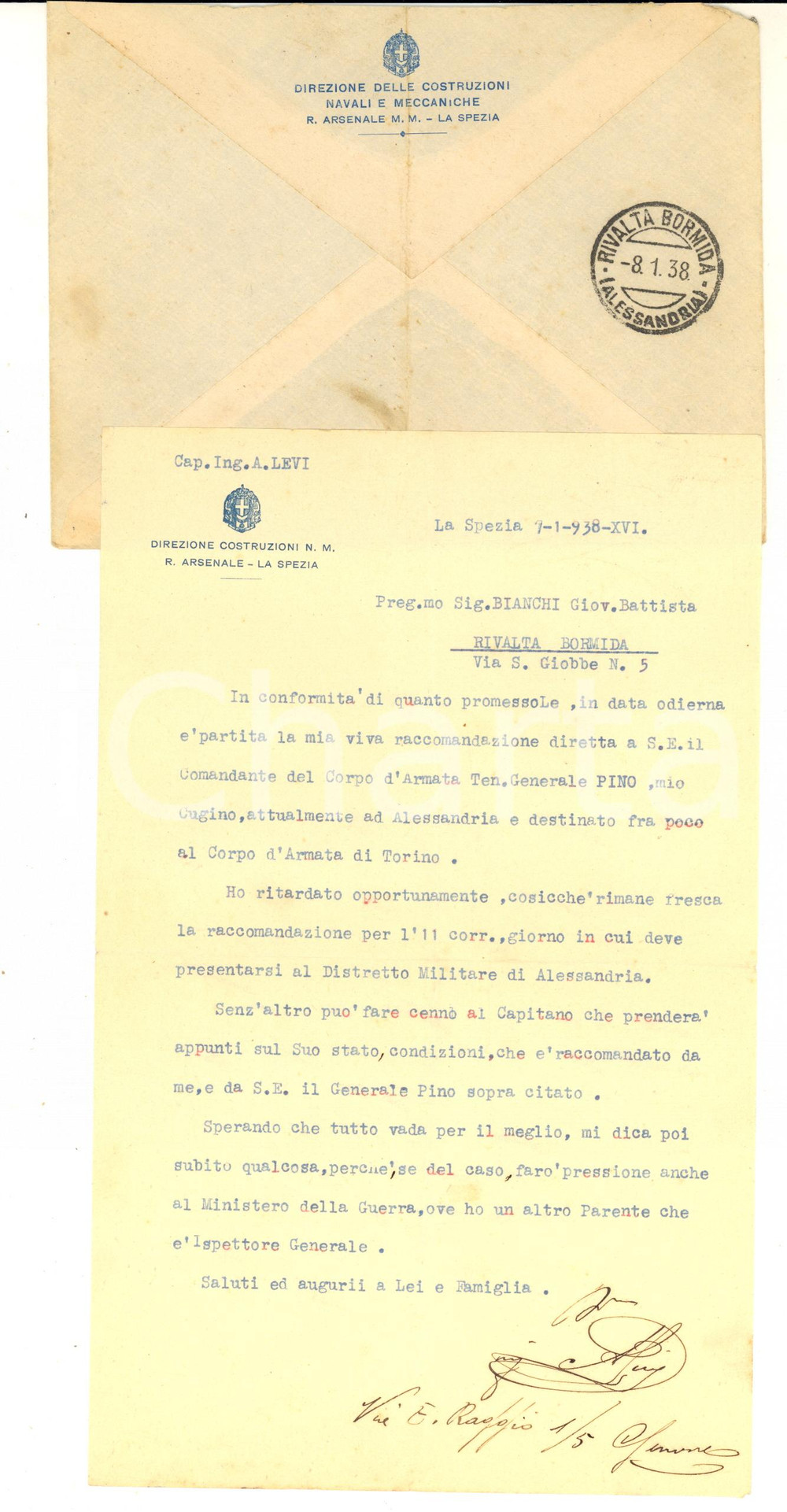 1938 LA SPEZIA Regio Arsenale - Cap. ing. A. LEVI per raccomandazione AUTOGRAFO