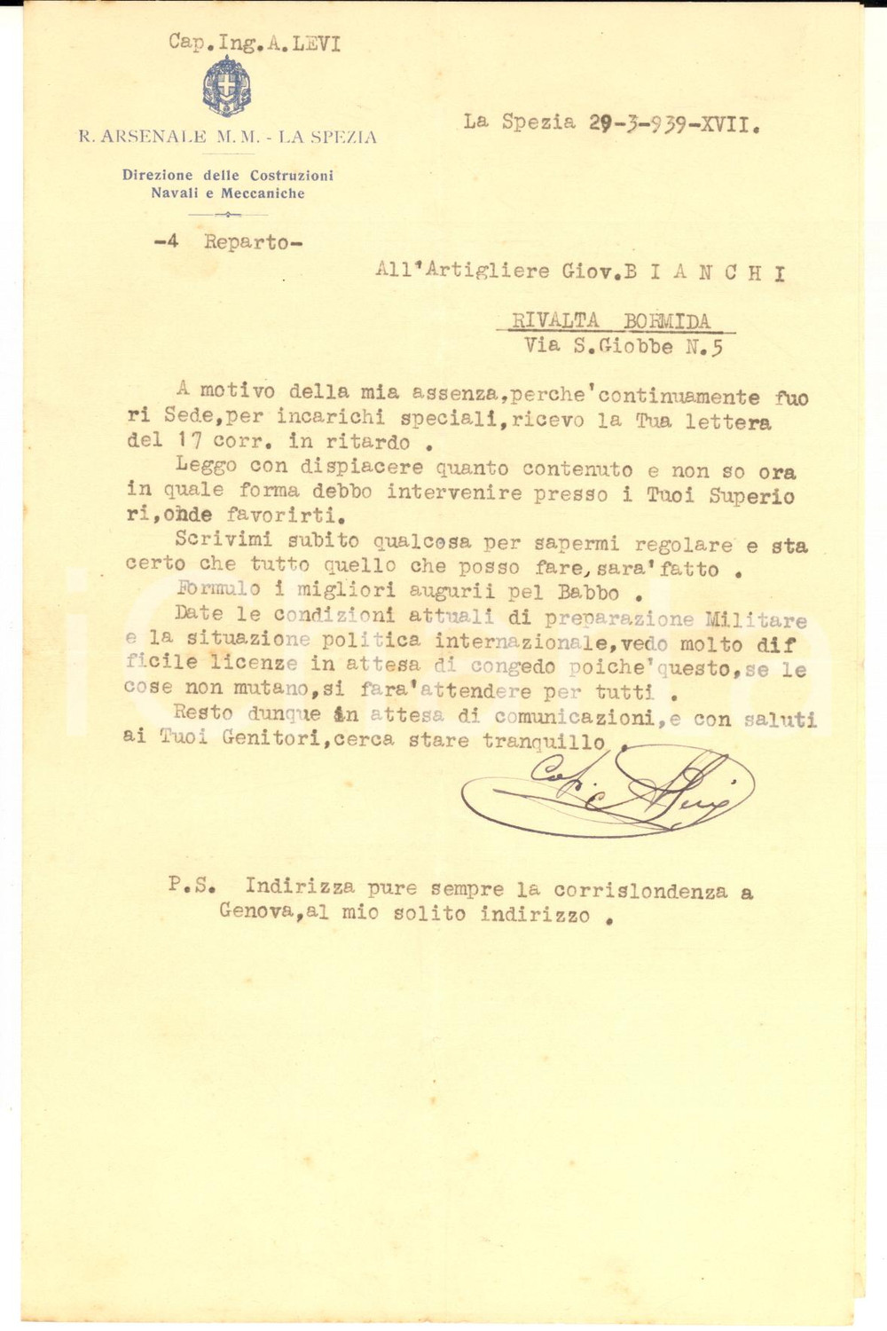 1939 LA SPEZIA Regio Arsenale - Lettera cap. ing. A. LEVI - AUTOGRAFO