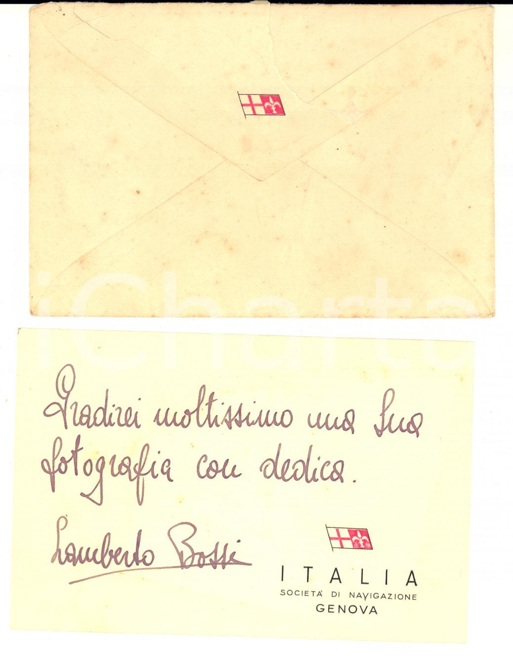 1950 ca ITALIA Società di Navigazione - Biglietto Lamberto BOSSI - AUTOGRAFO