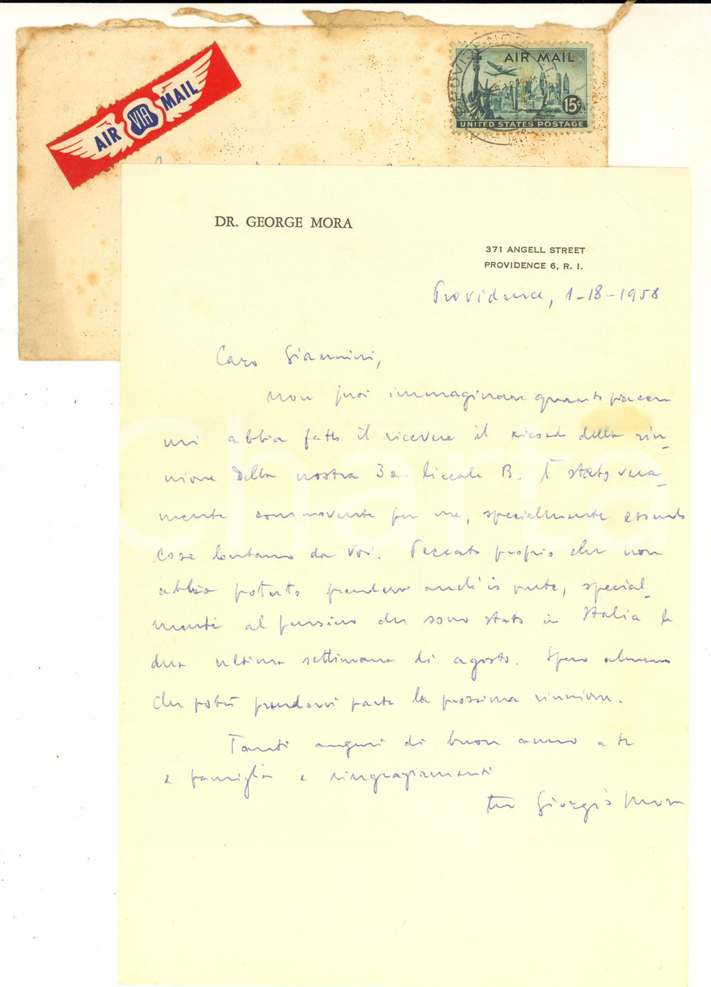 1958 PROVIDENCE (USA) Lettera dr. Giorgio MORA a un amico  - AUTOGRAFO