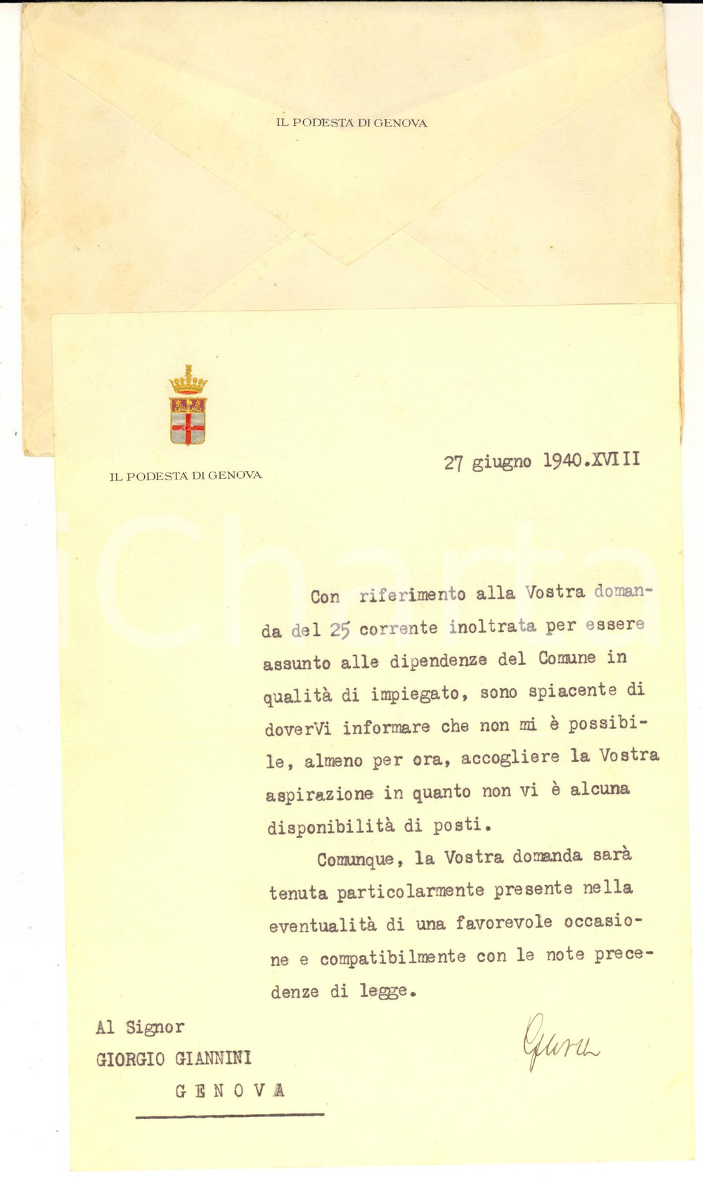 1940 GENOVA Lettera podestà Aldo GARDINI per domanda lavoro - AUTOGRAFO