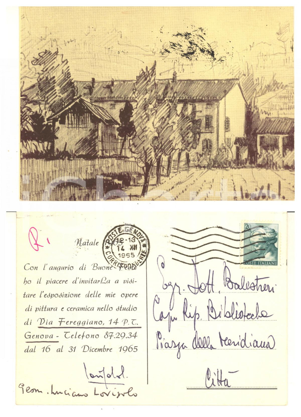 1955 GENOVA Cartolina pittore Luciano LOVISOLO per esposizione  - Autografo