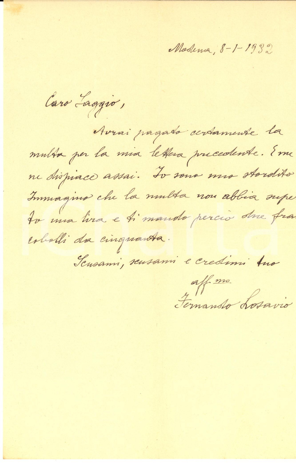 1932 MODENA Lettera scrittore Fernando LOSAVIO per saldo multa - AUTOGRAFO