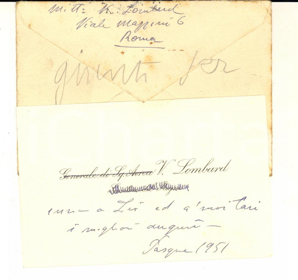 1951 ROMA Vincenzo LOMBARD - Generale di Squadra Aerea - Biglietto AUTOGRAFO