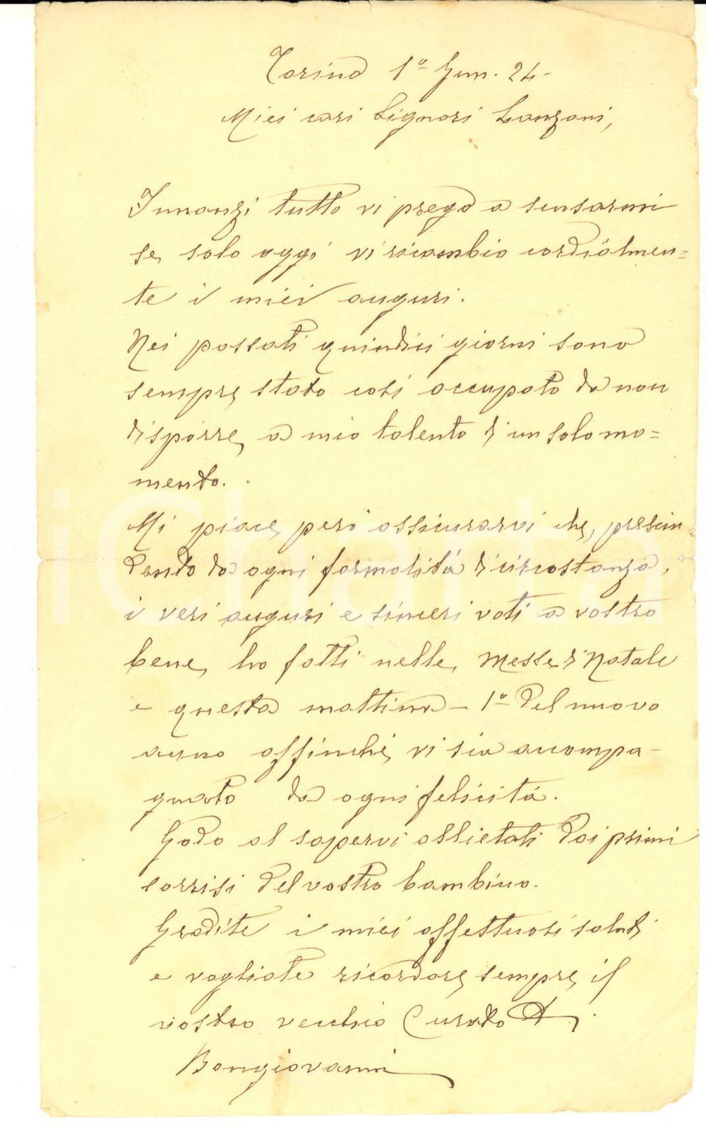 1924 TORINO Monsignore Lazzaro BONGIOVANNI - Lettera per auguri - AUTOGRAFO