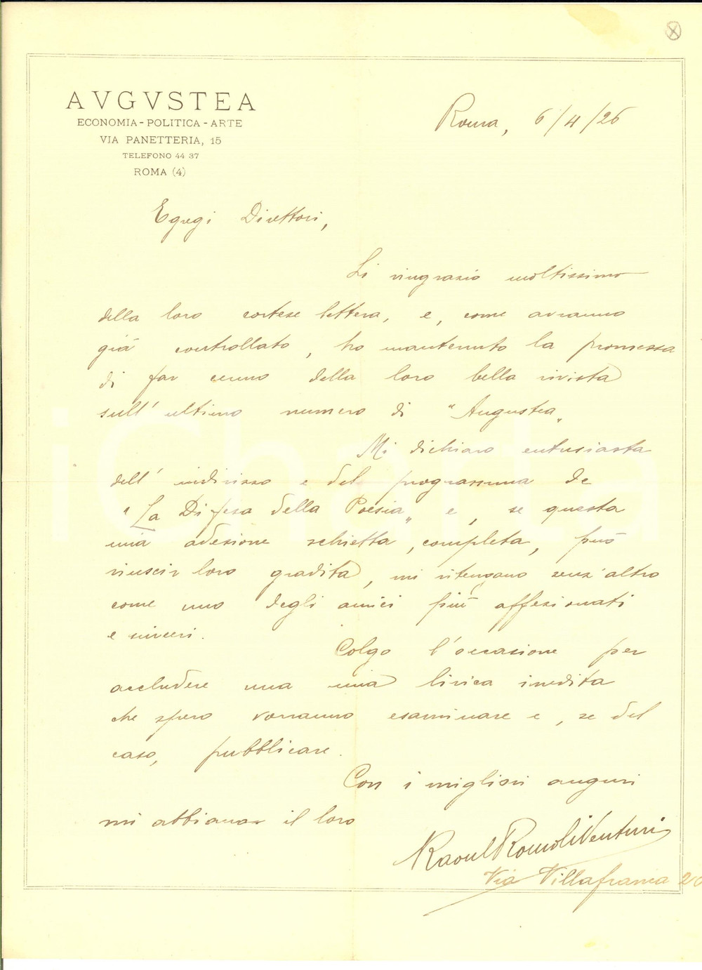 1926 ROMA Lettera Raoul ROMOLI VENTURI per "La Difesa della Poesia" - AUTOGRAFO Lettera interamente autografa,  su carta intestata della rivista "Augustea". CONDIZIONI: G (ma piegature d'epoca)PAGINE: 1     originale e autentica 1