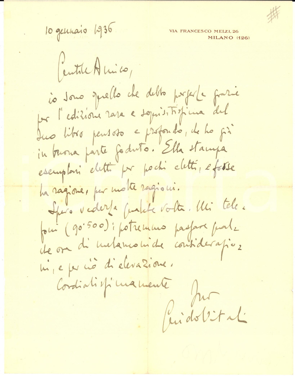 1936 MILANO Preside Guido VITALI ringrazia per un libro ricevuto - AUTOGRAFO