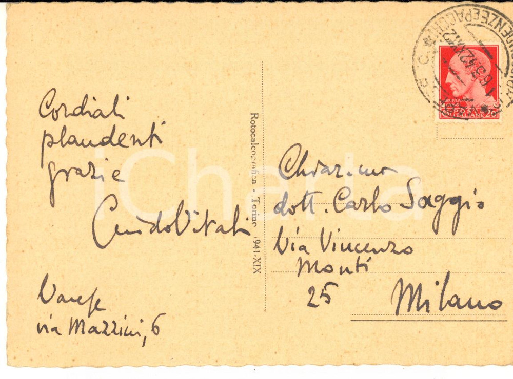 1942 VARESE Guido VITALI preside liceo "Parini" - Cartolina AUTOGRAFA FG VG