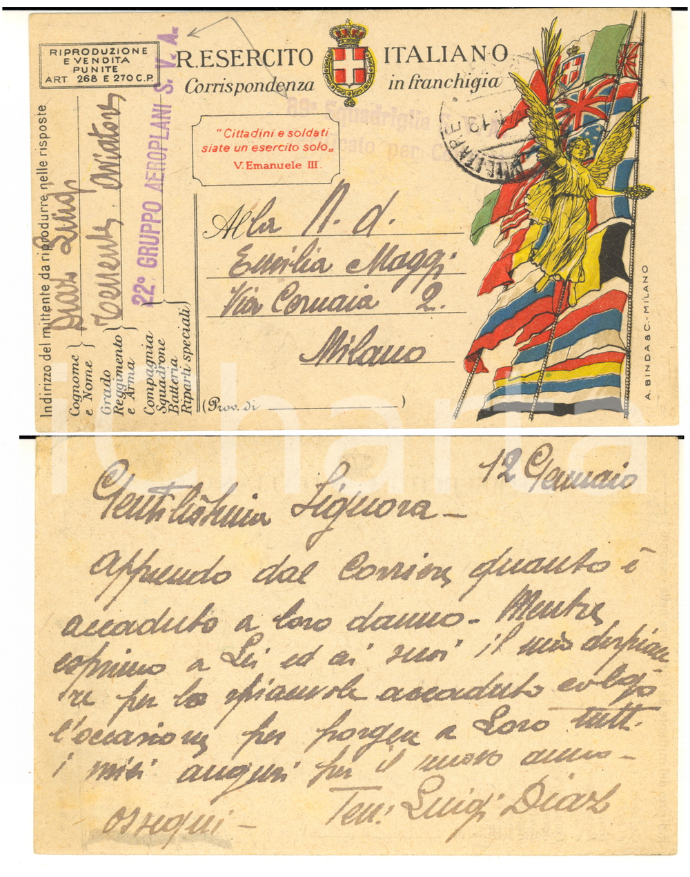 1919 WW1 Tenente aviatore Luigi DIAZ 22° Gruppo AEROPLANI - Cartolina AUTOGRAFA