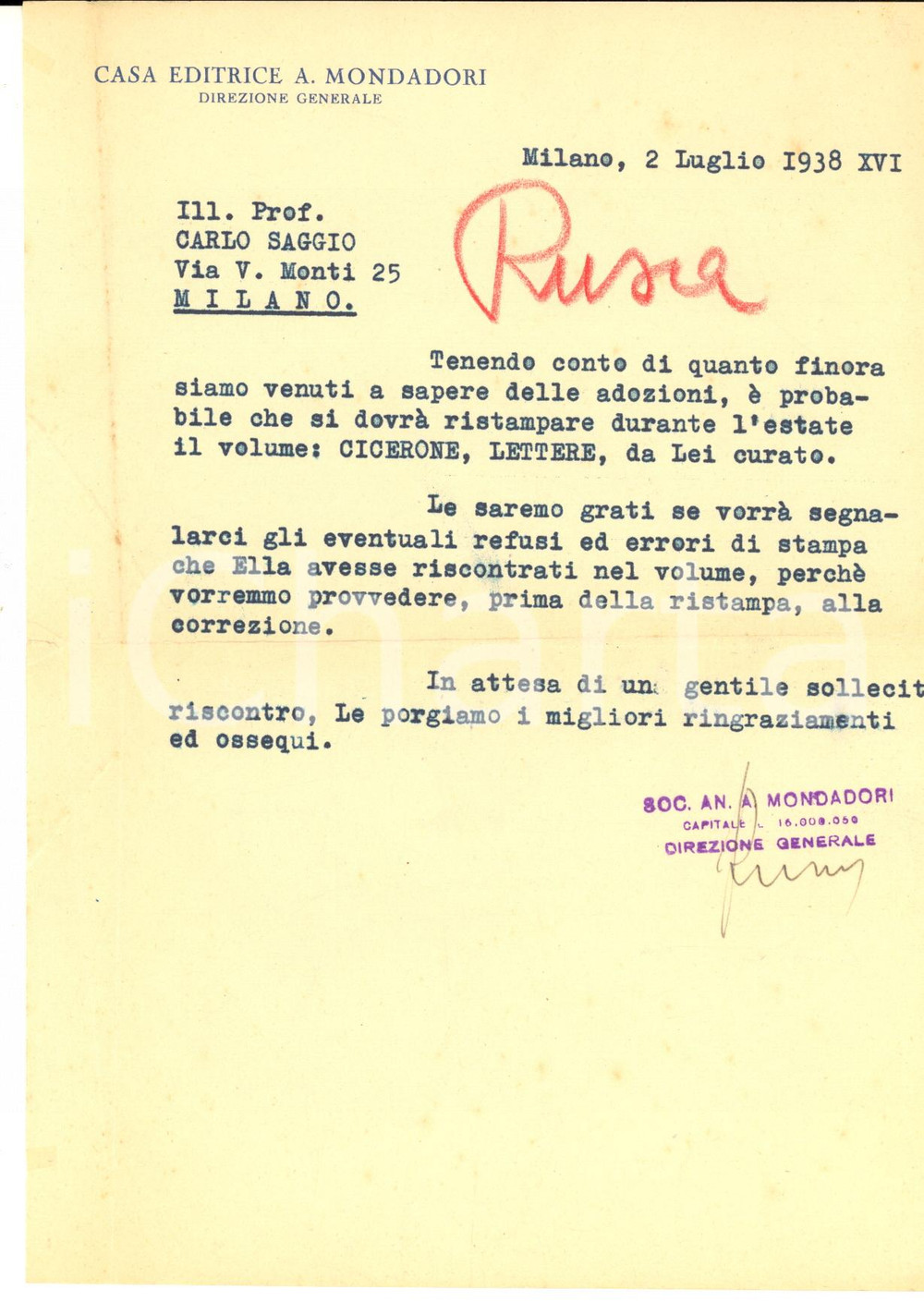 1938 MILANO MONDADORI Lettera Luigi RUSCA per ristampa volume - AUTOGRAFO