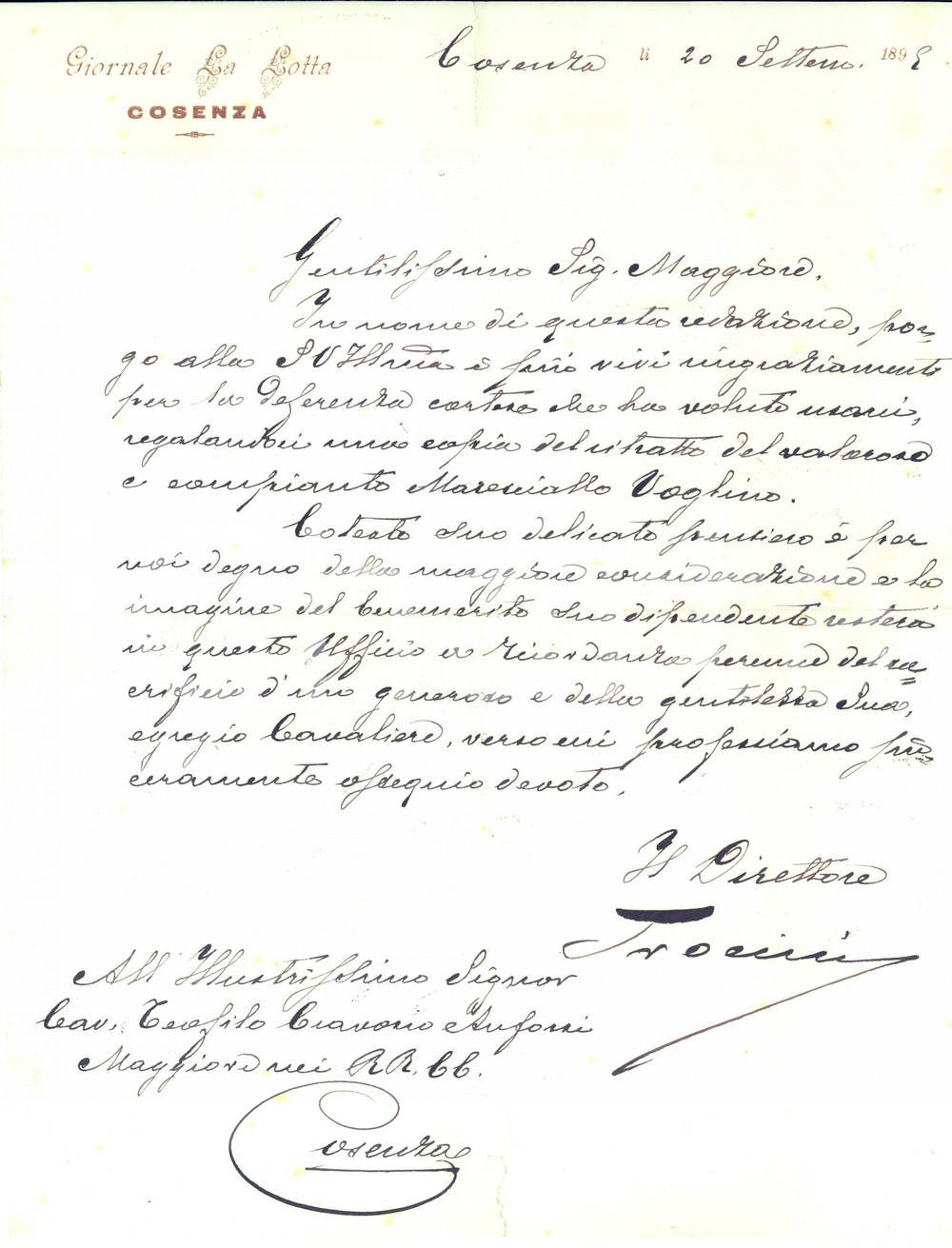 1895 COSENZA Giornale LA LOTTA - Lettera Ugo TROCINI direttore - AUTOGRAFO
