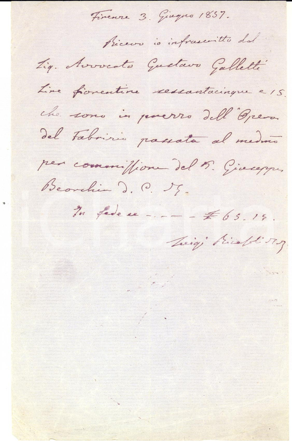 1857 FIRENZE Ricevuta padre Luigi RICASOLI a Gaetano Galletti - AUTOGRAFO