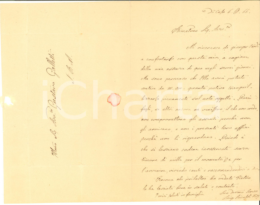 1866 FIRENZE Padre Luigi RICASOLI tranquillizza l'avvocato Galletti - AUTOGRAFO
