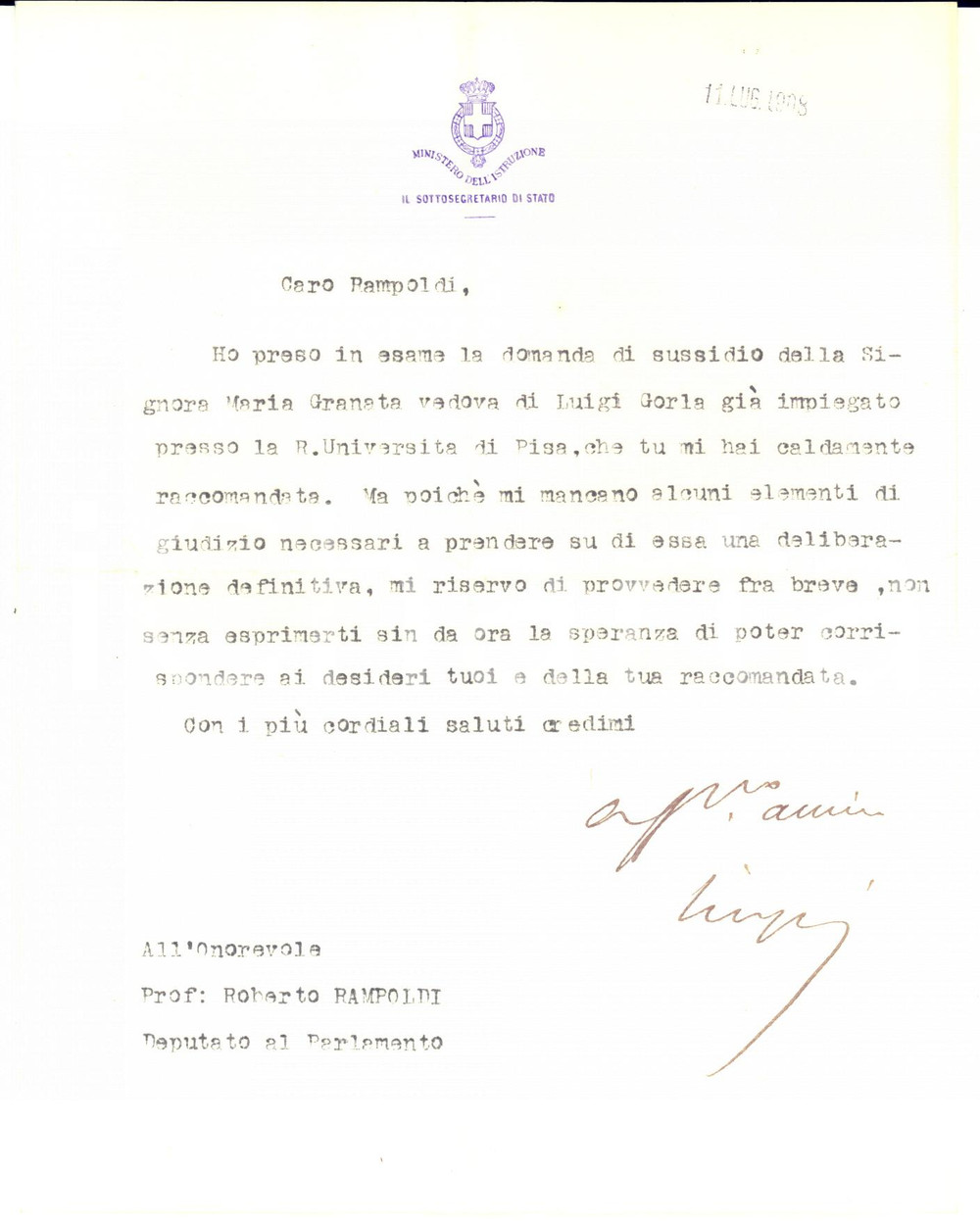 1908 ROMA Lettera sottosegretario Luigi RAVA per richiesta sussidio - AUTOGRAFO