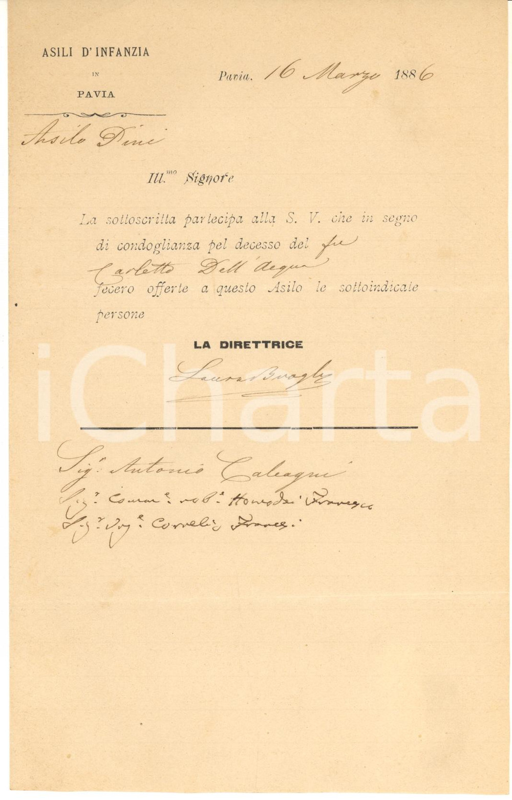 1886 PAVIA Lettera direttrice Laura BRAGHI per offerte condoglianze ^Autografo