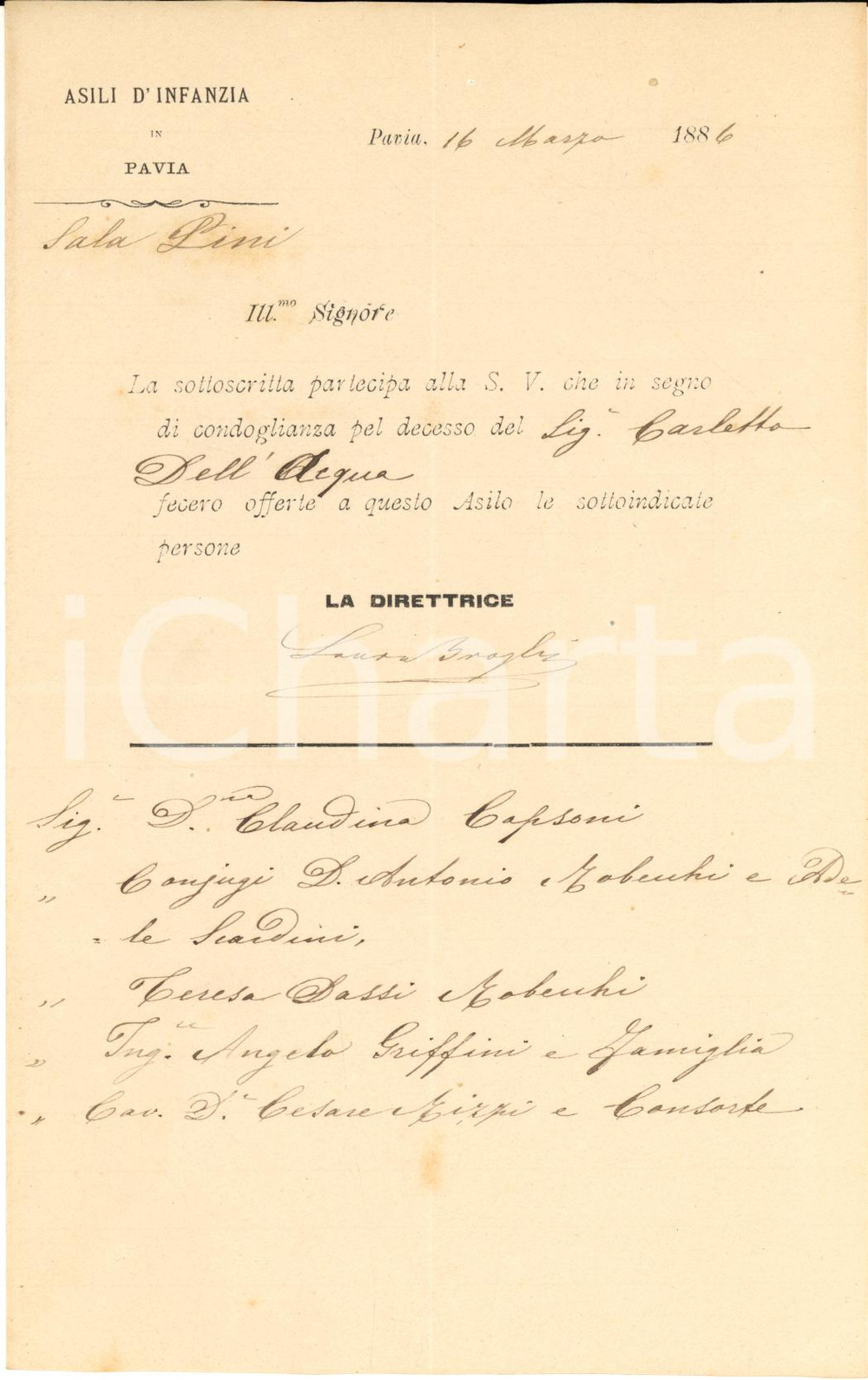 1886 PAVIA Lettera direttrice Laura BRAGHI per offerte condoglianze - Autografo