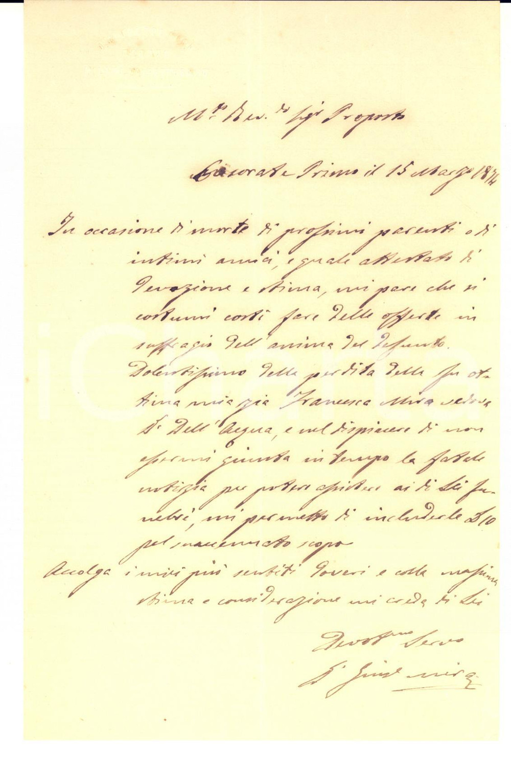 1874 CASORATE PRIMO Notaio Giuseppe MIRA offre obolo di suffragio - Lettera