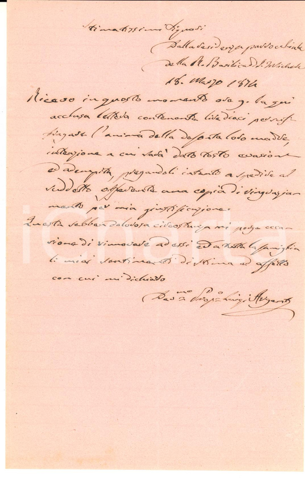 1874 PAVIA San Michele - Lettera proposto Luigi ARGENTI per offerta ricevuta