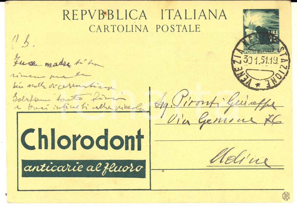 1951 MESTRE Cartolina Vittorino PIRONTI al figlio Giuseppe - AUTOGRAFO FG VG
