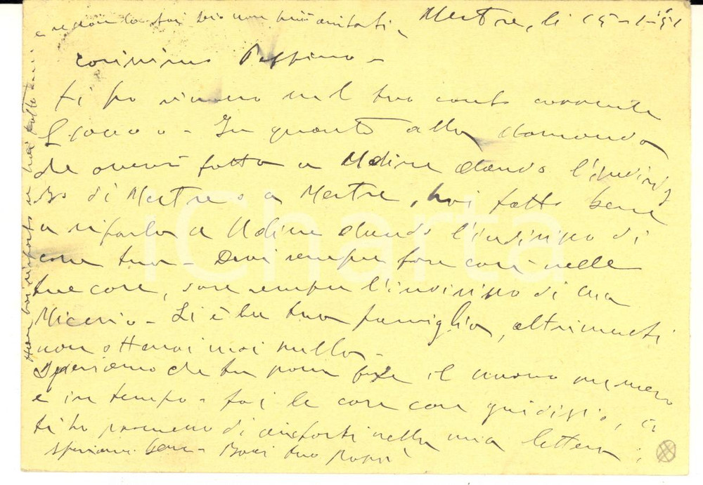 1951 MESTRE Vittorino PIRONTI al figlio Giuseppe per invio denaro - AUTOGRAFO