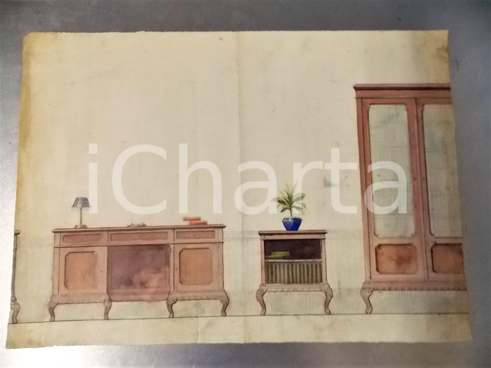 1930 ca ARREDAMENTO DI INTERNI - Salotto - Disegno acquerellato a mano 40x30 cm