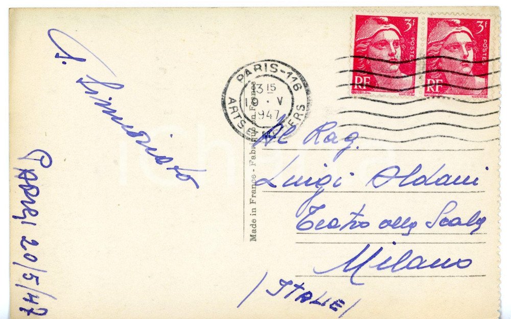 1947 PARIS LIRICA Soprano Giulietta SIMIONATO - Cartolina con AUTOGRAFO FP VG