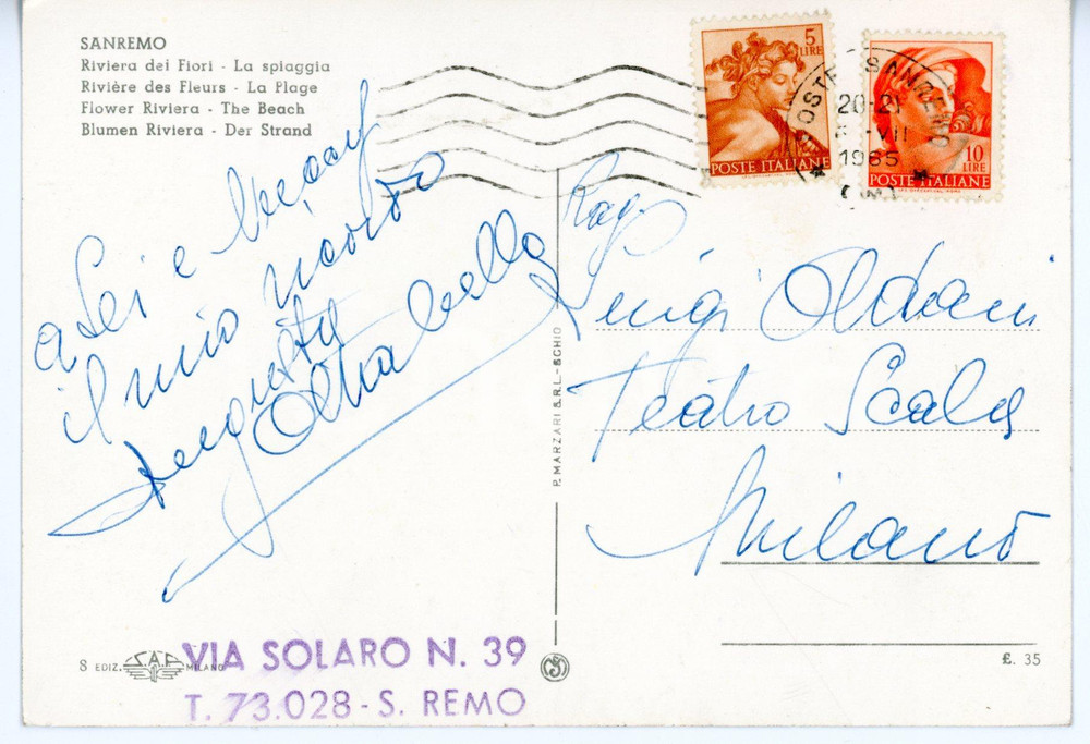 1965 SANREMO LIRICA Soprano Augusta OLTRABELLA *Cartolina con AUTOGRAFO - FG VG