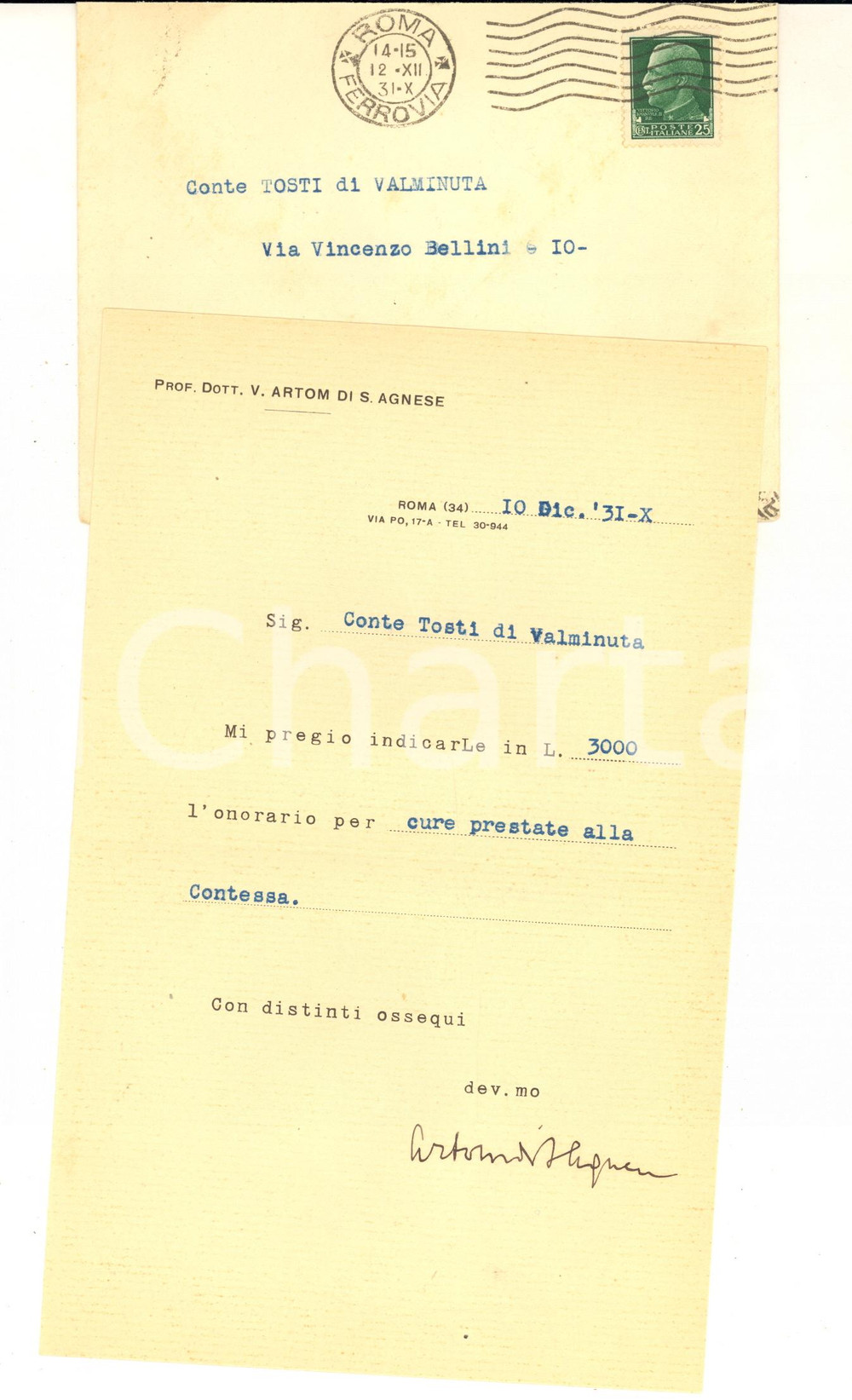 1931 ROMA Prof. Valerio ARTOM DI S. AGNESE - Conto TOSTI DI VALMINUTA *Autografo