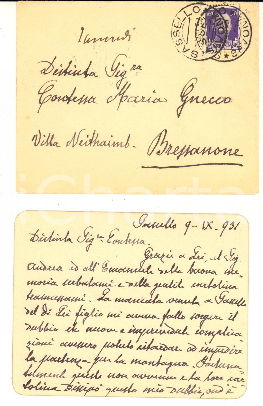 1931 SASSELLO Biglietto G. PERRANDO alla contessa Gnecco - AUTOGRAFO