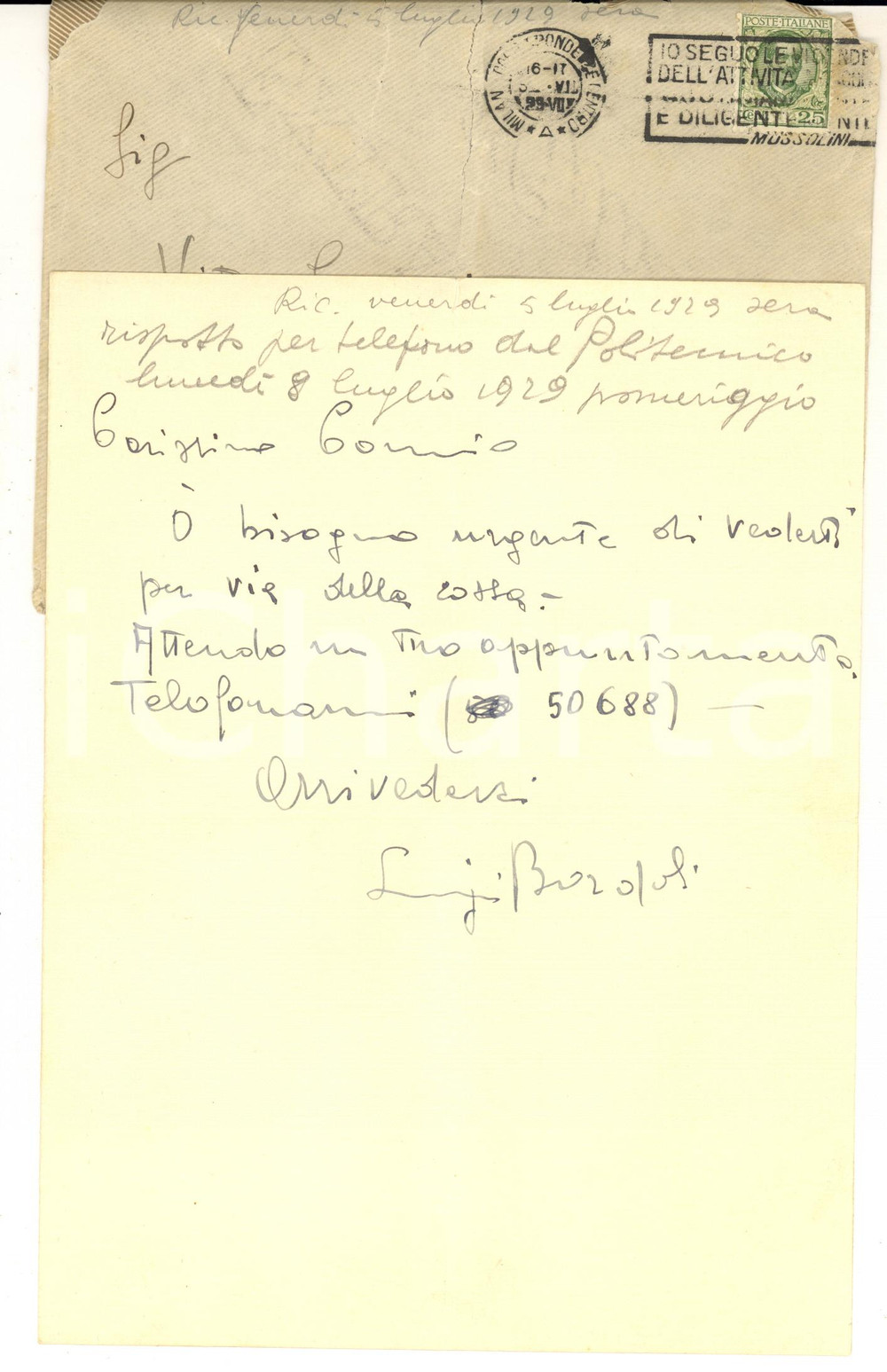 1929 MILANO Lettera Luigi BORDOLI a Vito Cormio per appuntamento - *Autografo