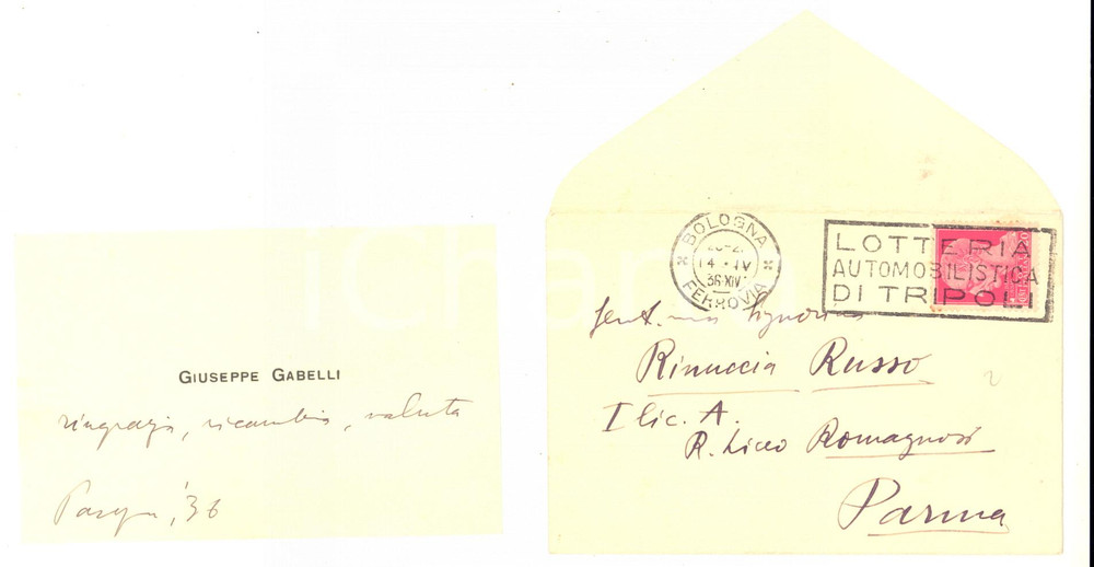 1936 PARMA Biglietto da visita Giuseppe GABELLI per ringraziamento - Autografo