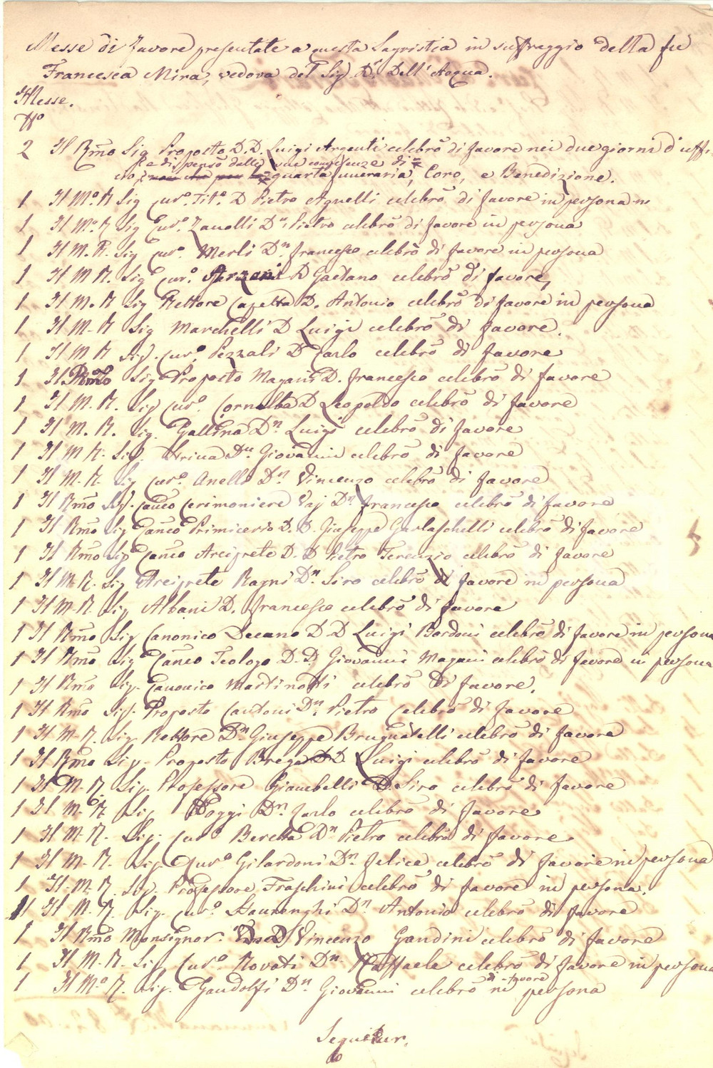 1850 ca PAVIA SAN MICHELE Messe in suffragio di Francesca MIRA vedova DELL'ACQUA