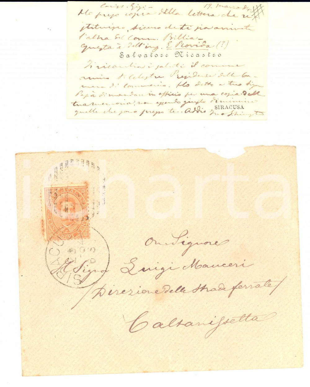 1884 SIRACUSA Biglietto Salvatore NICASTRO per richiesta documento *Autografo
