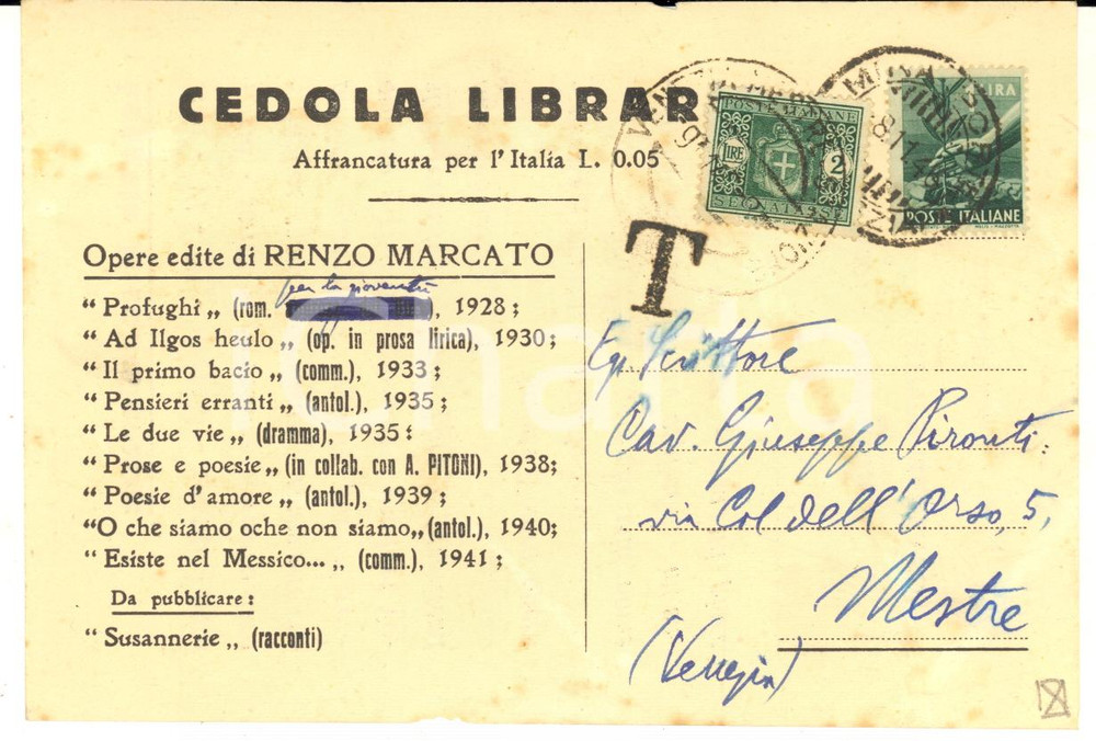 1946 MIRA (VE) Scrittore Renzo MARCATO - Cedola libraria - Autografo FG VG