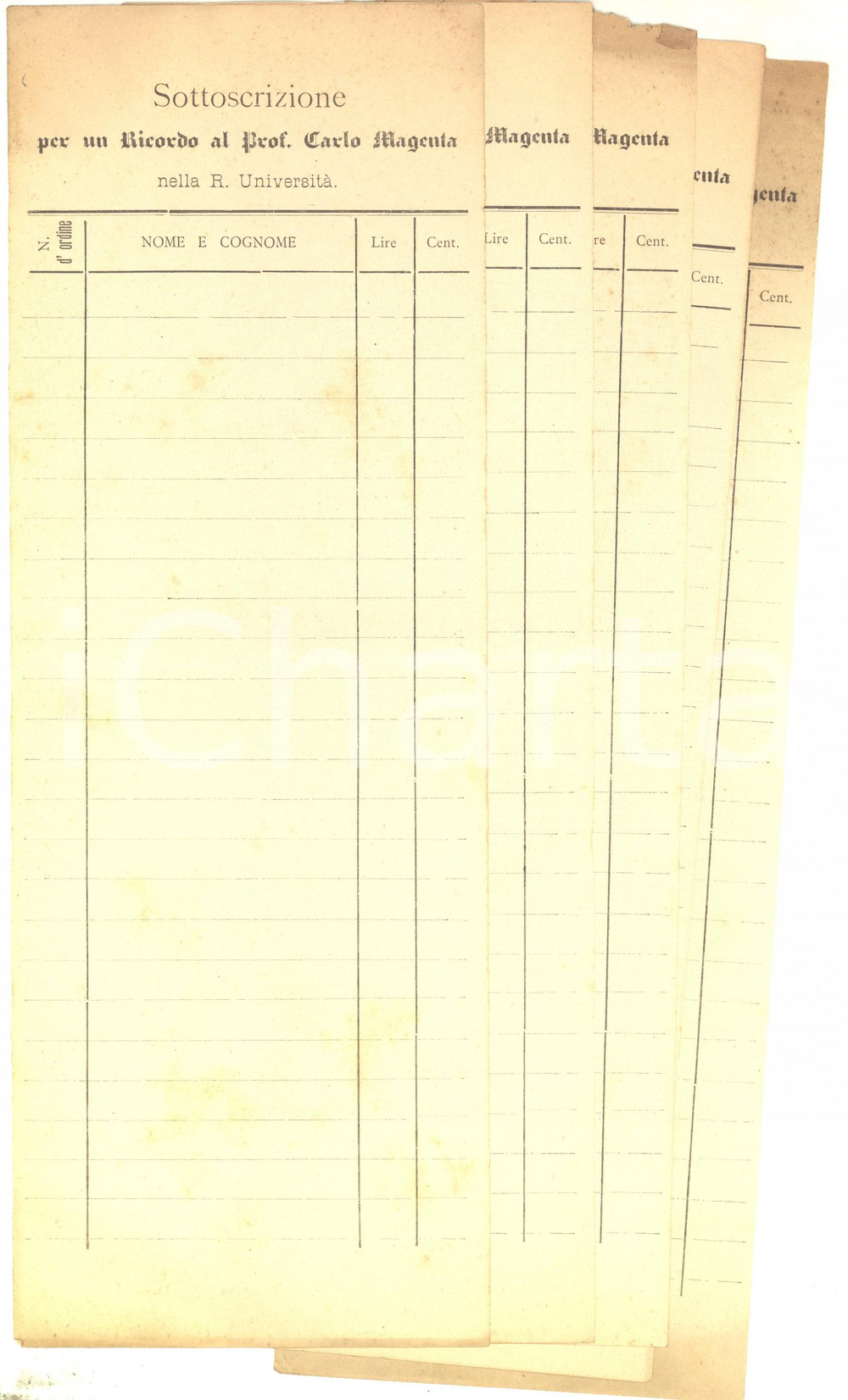 1893 UNIVERSITA' DI PAVIA Sottoscrizione ricordo Carlo MAGENTA - Lotto 5 moduli