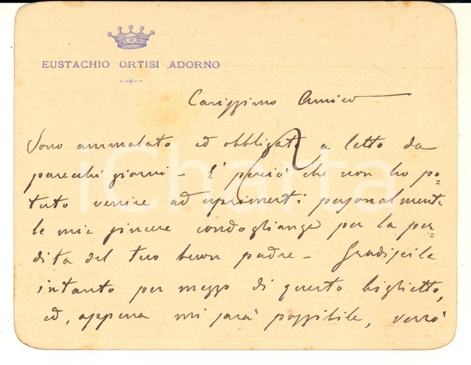 1903 SIRACUSA Biglietto Eustachio ORTISI ADORNO per condoglianze - Autografo