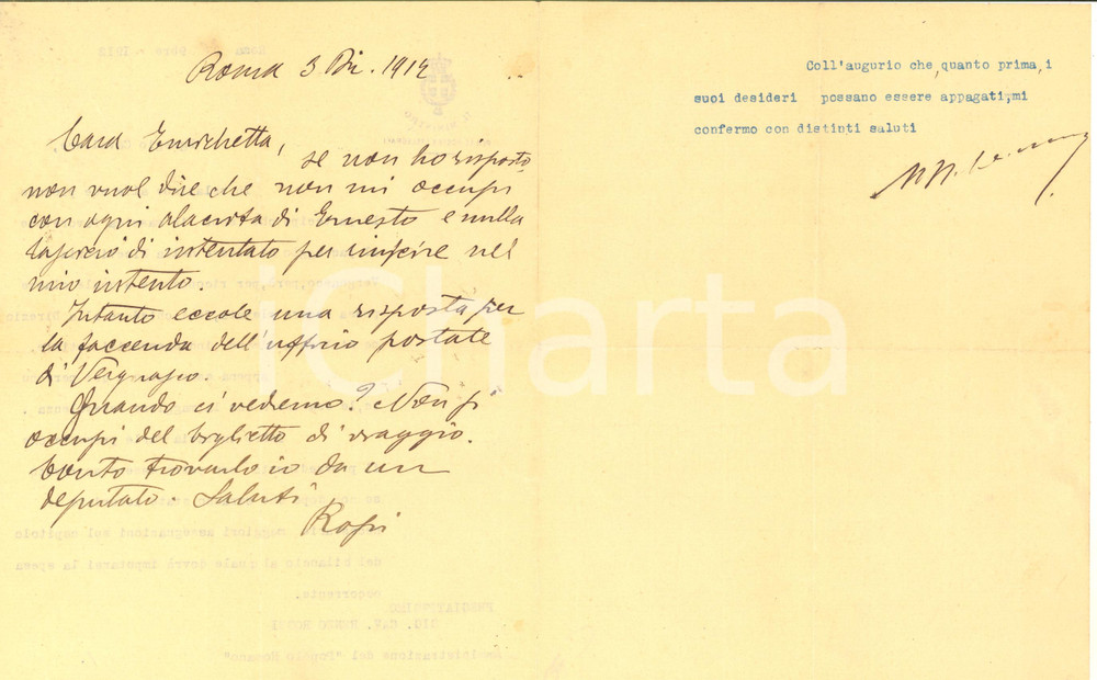 1912 ROMA Ministro Teobaldo CALISSANO a Renzo ROSSI per ricevitoria - AUTOGRAFO