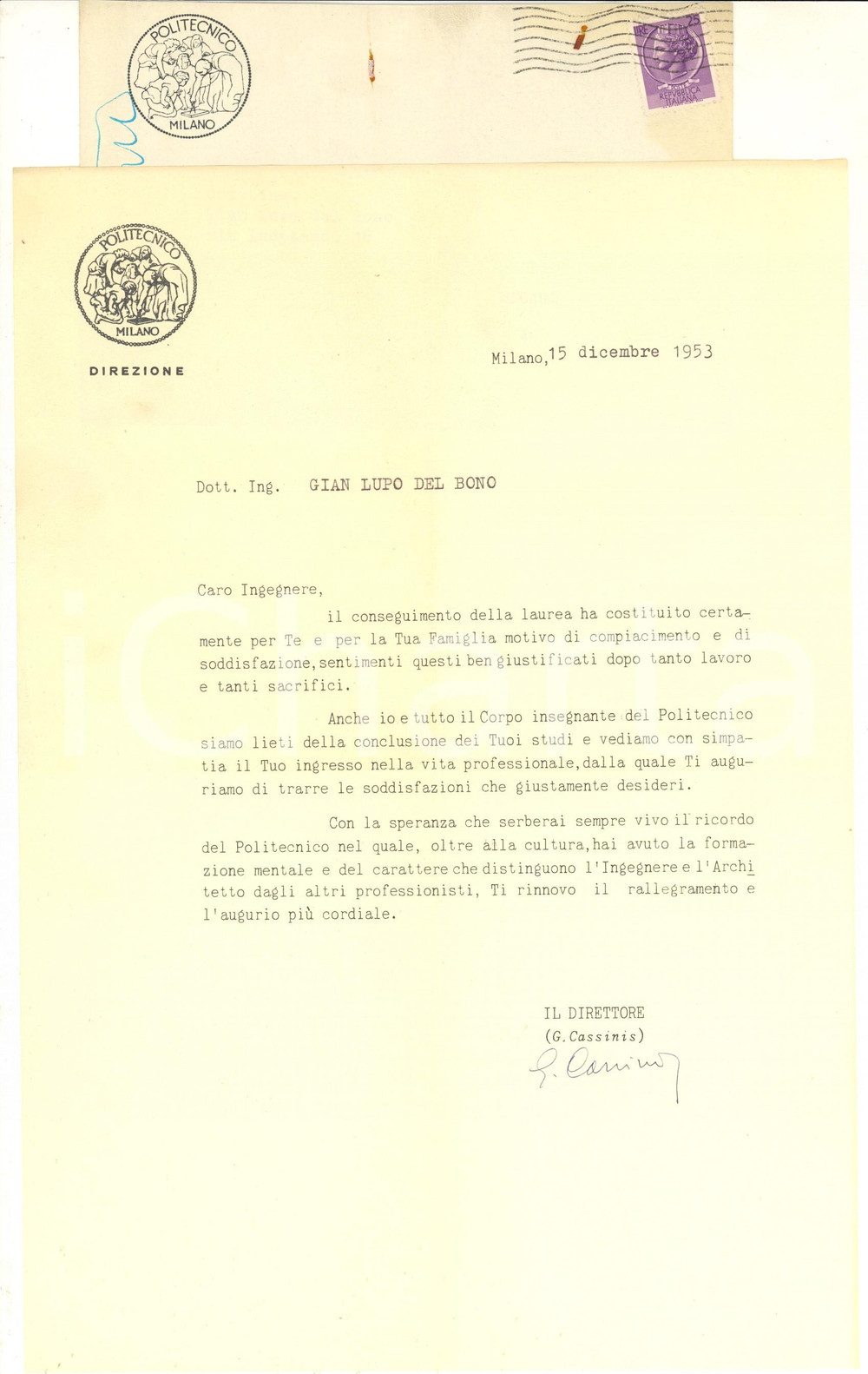1953 MILANO POLITECNICO Lettera Gino CASSINIS a un neolaureato - AUTOGRAFO