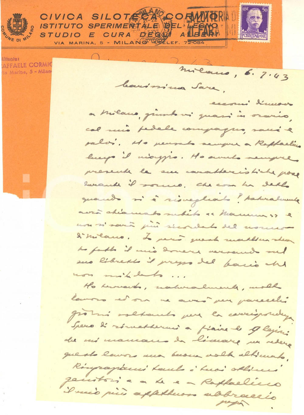 1943 MILANO Lettera agronomo Raffaele CORMIO alla figlia Sara - AUTOGRAFO