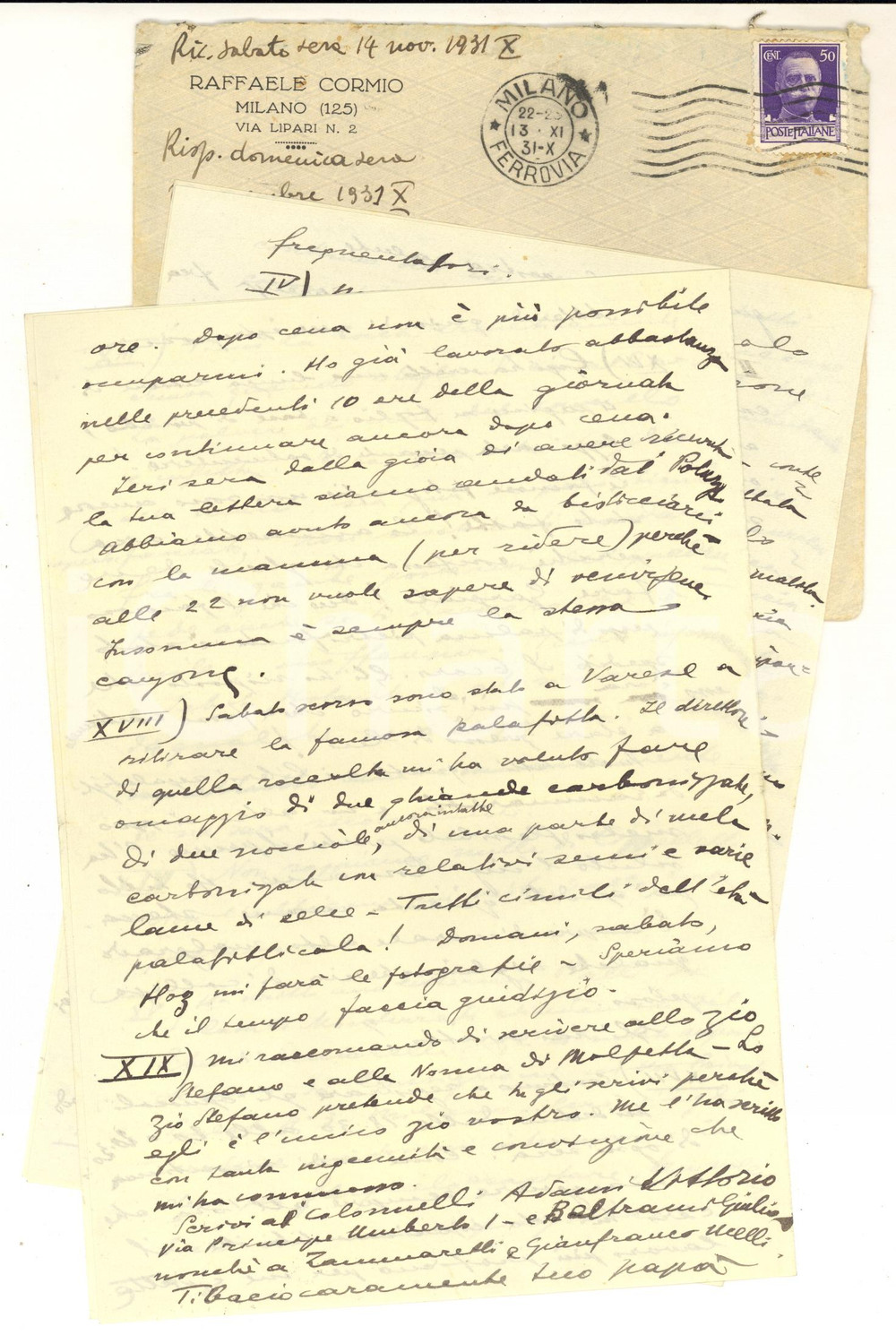 1931 MILANO Raffaele CORMIO preoccupato per il figlio Vito Antonio - AUTOGRAFO