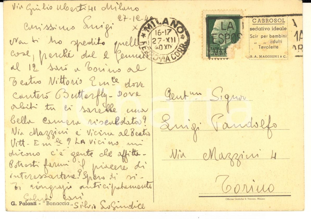 1940 MILANO Tenore Silvio COSTA LO GIUDICE prepara "Madama Butterfly" *AUTOGRAFO