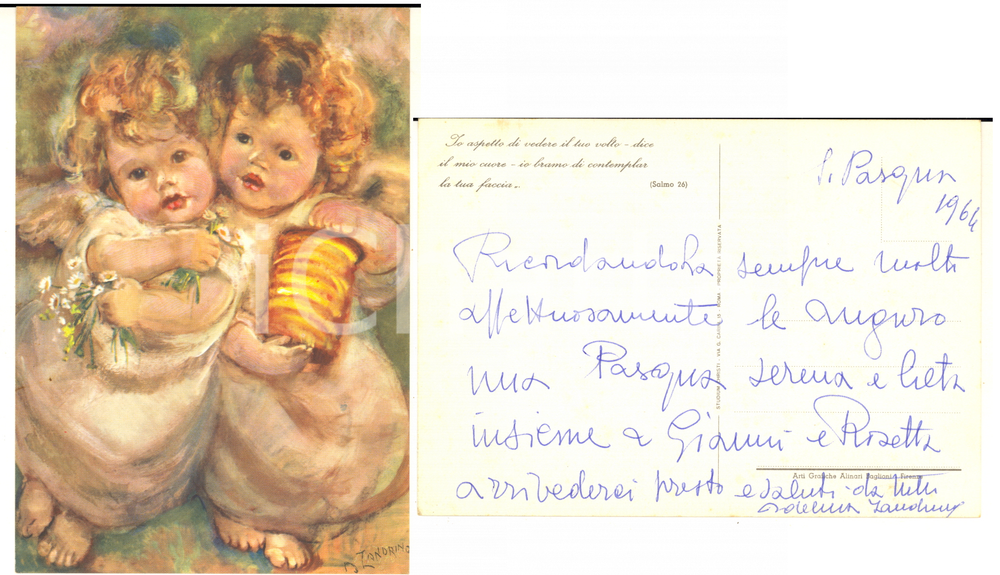 1964 Pittrice Adelina ZANDRINO - Cartolina AUTOGRAFA con illustrazione angeli